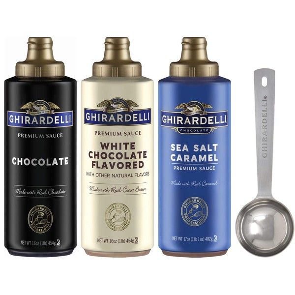 Ghirardelli - Sea Salt Caramel, Chocolate and White Chocolate Flavored Sauce (Set of 3) - with Limited Edition Measuring Spoon