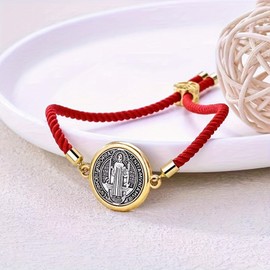CACALOSS Catholic Bracelets St. Benedict Bracelet Red Rope Double Hole Pendant Couple Woven Bracelets Adjustable Black Bracelet (red)