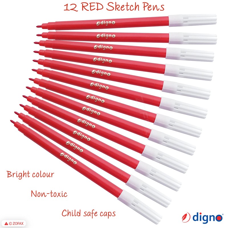 DIGNO SketchStic Felt Tip Pens, RED, Pack of 12, Fibre