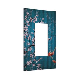Teal Japanese Koi Fish Hanging Cherry Flower Single Rocker Light Switch Cover Decorative 1 Gang Decora Wall Switch Plate Electrical Faceplate for Bathroom Bedroom Home Decor