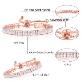 Tennis Bracelets for Women 18K Rose Gold Plated Diamond AAA+ Cubic Zirconia CZ Dainty Classic Adjustable Slider Bracelet Silver Fashion Jewelry Wedding Gift