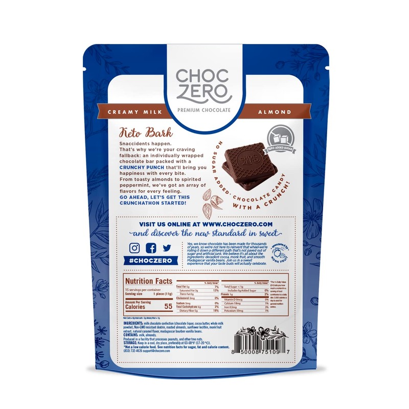 ChocZero Milk Chocolate with Almonds Keto Bark, 6 Ounce (Pack