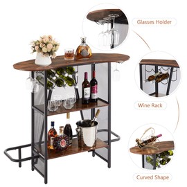 VECELO Bar Unit with Metal Mesh Front, 3-Tier Wine Rack Table with Glasses Holder, Home Liquor Cabinet with Storage and Footrest for Living Room, Kitchen, Brown