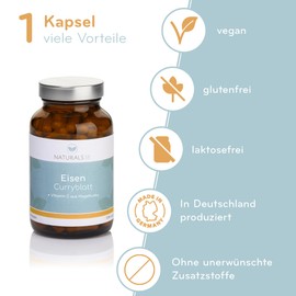 NATURALS38 EISEN CURRYBLATT + VITAMIN C AUS HAGEBUTTE - 90 KAPSELN - 100% Tagesbedarf Eisen - pflanzlich aus Curryblatt-Extrakt & Hagebutte - im Glas - 3 Monatsversorgung - Made in Germany
