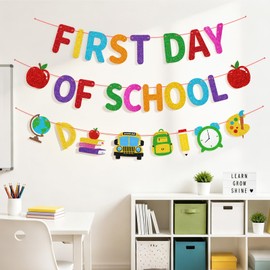 Sunboom Pre-Strung First Day of School Banner, Glitter Back To School Banner Classroom Decorations - No DIY Hanging Banner Sign for Kindergarten Preschool Party Favors Supplies