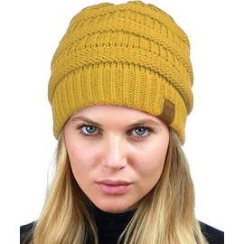 C.C Unisex Chunky Soft Stretch Cable Knit Warm Fuzzy Lined Skully Beanie, Mustard, One Size