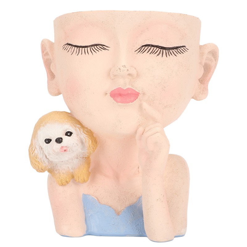 Flower Pot Girl and Dog Cute Style Bottom Drainage Hole