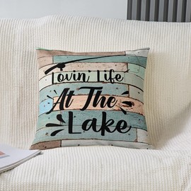 Lake House Pillow Covers for Sofa, Fishing Rod Throw Pillow Covers 18x18 Inch Set of 2, Rustic Farmhouse Decorative Square Pillow Cases, Wooden Barn Door Cushion Cases Lake House Decor for The Home