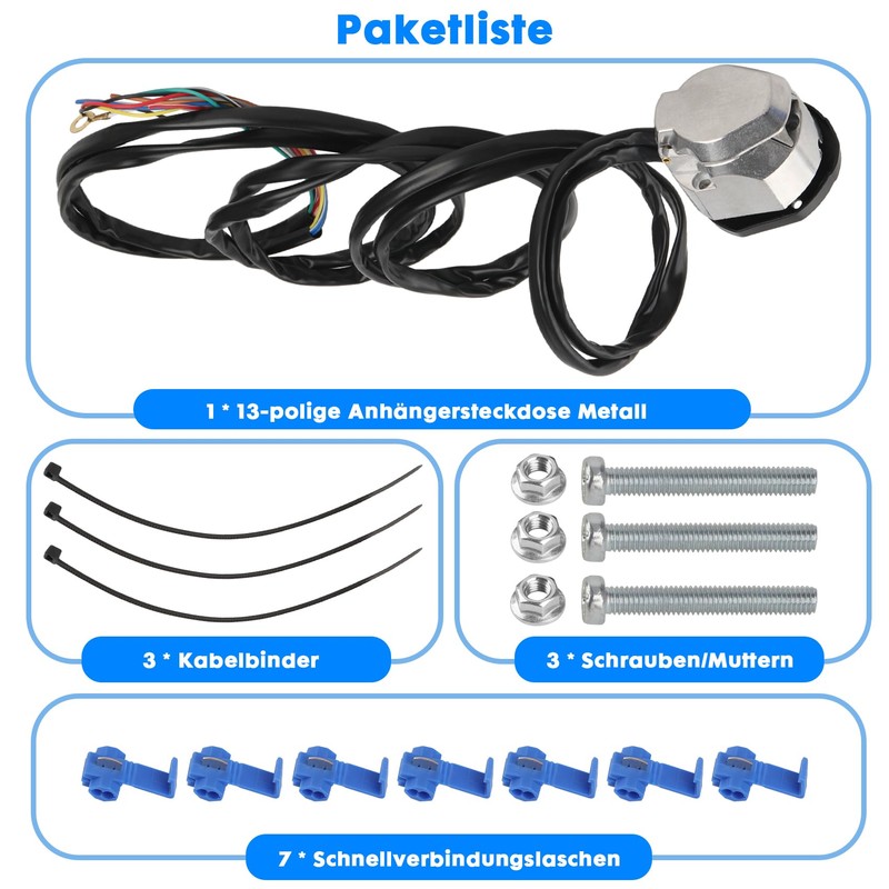 liangren 13-Pin Trailer Socket with 2 m Cable, Waterproof Towing