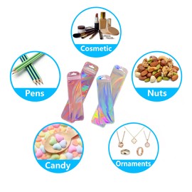 INKNOTE 160Pcs Resealable Holographic Bags, Aluminum Foil Bags, Long Jewelery Plastic Bags, Foil Ziplock Bags For Pen Lip Eyelash Jewelry Necklace Candy Food Storage Rainbow Color