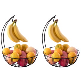 Basicwise Wire Metal Fruit Basket Holder with Banana Hanger, Black, (QI003494)