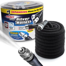 Pocket Hose Silver Bullet 75 ft Turbo Shot Nozzle Multiple Spray Patterns Expandable Garden Hose 3/4 in Solid Aluminum Fittings Lead-Free Lightweight and No-Kink | BulbHead