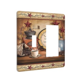 Retro Kitchen Western Cabin Coffee 2 Gang Combination 1-Toggle 1-Decorator/Gfci Device Wall Plates Old Country Life Texas Star One Rocker with Toggle Combo Light Switch Plates and Socket Outlet Covers