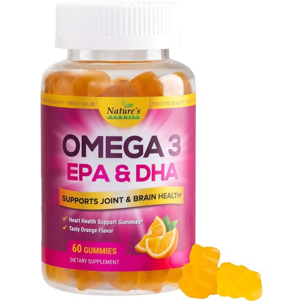 Omega 3 Fish Oil Gummies Extra Strength DHA & EPA - Natural Brain Support and Joint Support, Tasty Gummy Vitamin, Natural Orange Flavor - 60 Gummies