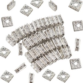 TOAOB 100pcs 6mm Sparkling Crystal Spacer Beads Silver Tone Rondelle Beads Crystal Square Rhinestone Spacer Beads Flat Square Loose Beads for Jewelry Bracelets Necklace Making Decorations
