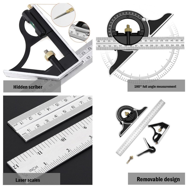 HYSHLC Combination Square 300 mm Set Carpenter's Angle Adjustable Protractor