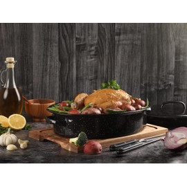 GOURMEX Medium 12lb Black Oval Ceramic Enamel Coated Roasting Pan | Dutch Oven Pot with Lid | Dishwasher Safe, Oven Safe, Freezer Safe | Ideal for Chicken, Turkey Roasting Pan (Medium)