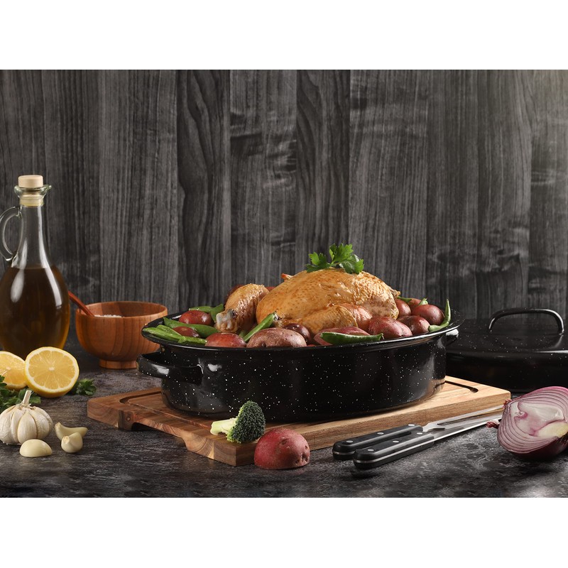 GOURMEX Medium 12lb Black Oval Ceramic Enamel Coated Roasting Pan