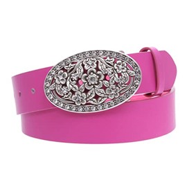 1 1/2" Women's Snap On Belt With Oval Perforated Engraved Crystal Rhinestone Western Floral Buckle, hot pink/antique silver | xs (27-29" waist)
