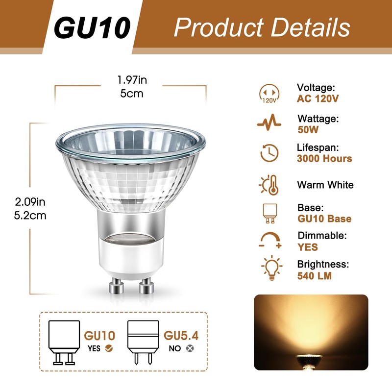 GU10 Halogen 50W Bulbs, 120V Halogen Light Bulb, GU10 Base