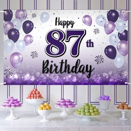 LASKYER Happy 87th Birthday Purple Large Banner - Cheers to 87 Years Old Birthday Home Wall Photoprop Backdrop,87th Birthday Party Decorations.