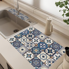 2Pcs Dish Drying Mats Faucet Mats Sets Large Size Coffee Mats Sink Faucet Mat Splash Guard for Kitchen Counter Bathroom Sink Coffee Bar Kitchen Decor (Blue Boho, 18"x24" 15" x 5.5"Set)