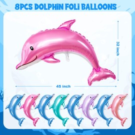 8PCS Dolphin Balloons Foil, 45IN Large Dolphin Balloons for Birthday Party Decorations