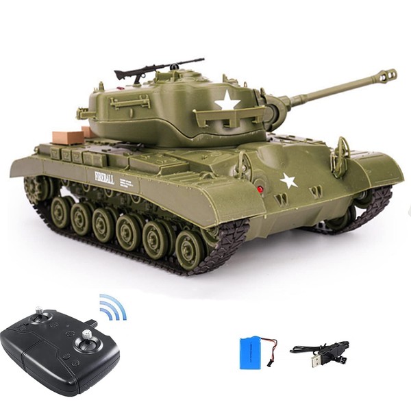 WEECOC RC Tank M26 PerShing Military Truck Vehicles RC Car Remote Controlled Military Battle Tank Toy 320°Rotational Realistic Sounds Great Gift for Kids Boys (Green)