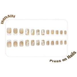 IMRAIN White French Tip Press on Nails Short Square Fake Nails White Flowers False Nails Glossy Full Cover Glue on Nails Spring Acrylic Floral Artificial Nude Squoval Nails for Women 24Pcs