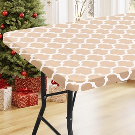Smiry Rectangle Picnic Table Cover, Waterproof Elastic Fitted Table Covers for 8 Foot Tables, Wipeable Flannel Backed Vinyl Tablecloth Protector for Indoor, Outdoor (Khaki Morocco, 30x96 Inches)