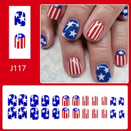 24Pcs Independent Day Press on Nails Short Square 4th of July Fake Nails French Tip False Nails Red White Blue Patriotic Glue on Nails American Flag Design Artificial Acrylic Nails for Women