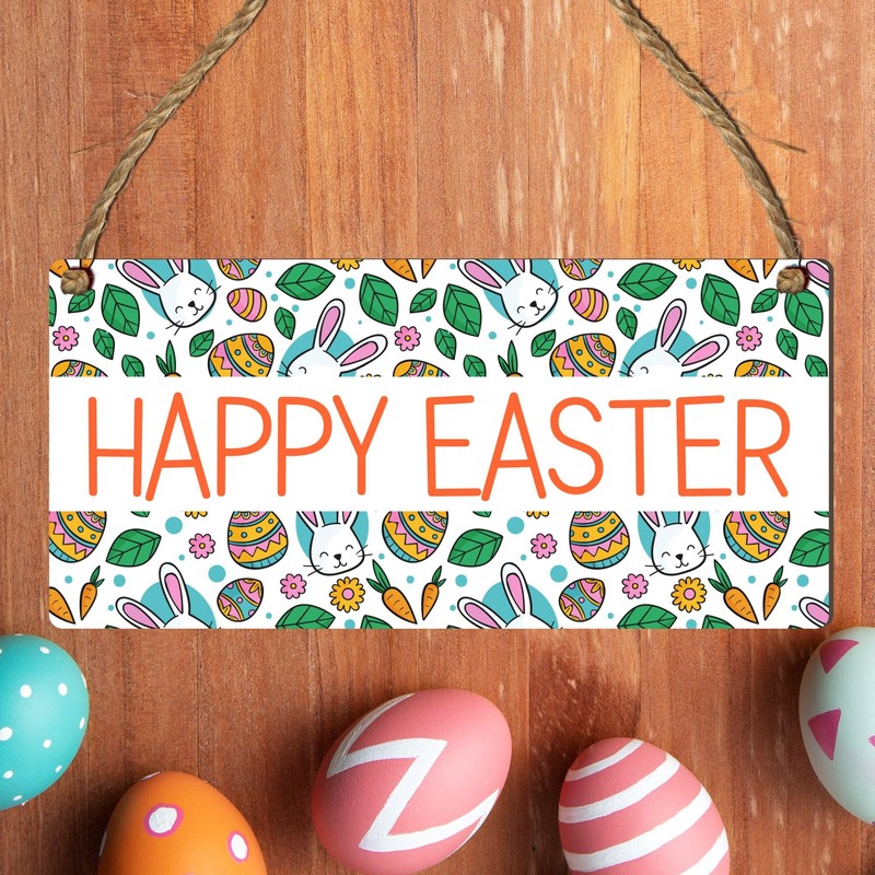 Happy Easter Vibrant Wooden Rectangle Plaque - Easter-Themed Decor for
