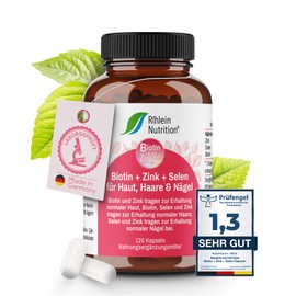 Rhein Nutrition Biotin High Dose + Zinc + Selenium Capsules - Skin Hair Nails Capsules - 120 Capsules 4 Month Supply - Hair Vitamins - Vegan Without Additives Made in Germany