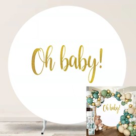 Jditngp Round Backdrop Cover Oh Baby 7.2ft, White with Gold Accents, Polyester, 4 Clips, Baby Shower