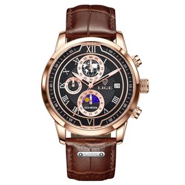 LIGE Mens Watches Waterproof Analogue Vintage Chronograph Quartz Gents Watch Brown Leather Strap Wrist Watch for Men with Date and Moon Phase Design - Elegant Watches for Men's Gifts (Gold Black)