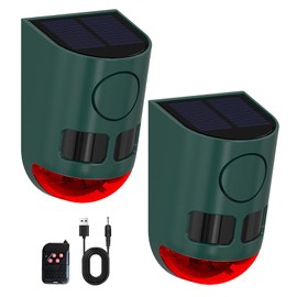Solar Strobe Light Motion Detector Alarm: Dog Barking and Gunshot Sound, 13 Kinds of Warning Sound Loop Playback, 130db Noise Maker, Waterproof for Home, Farm - USB Charging (2Pack-Green)