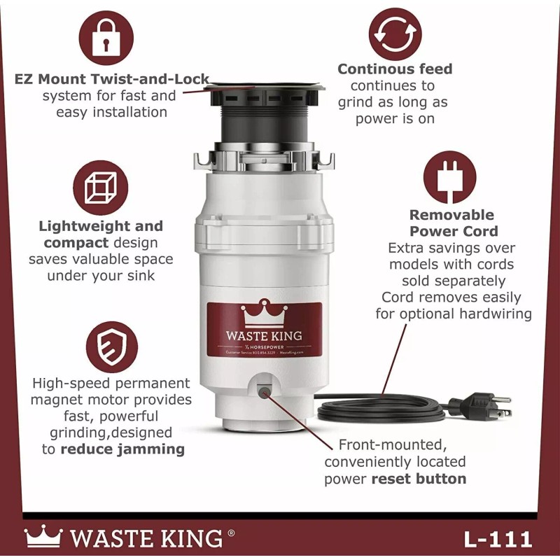 Waste King L-111 Garbage Disposal with Power Cord, 1/3 HP