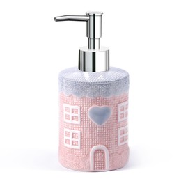 Soap Dispenser, 12.35oz Ceramic Soap Dispenser with Silver Pump, Decorative Pink House Design Liquid Dish Soap Dispenser for Bathroom, Premium Kitchen, As a Gift for Women, Children and Mom