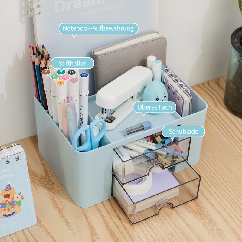 RISEMART Desk Organiser with 2 Drawers (Blue Double Layer)