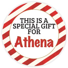This is a Gift for Athena - 100 Pack Circle Stickers 3 Inch - Candy Cane Merry Christmas Gift Tag Present Tree Holiday Custom Name Santa Claus