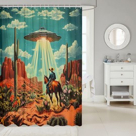 Castle Fairy Cowboy Shower Curtain for Stalls Bathtubs Magical UFO Alien Spacecraft Bathroom Shower Curtain Set Desert Adventure Bath Curtains Orange Waterproof Curtains 72x72 Inch