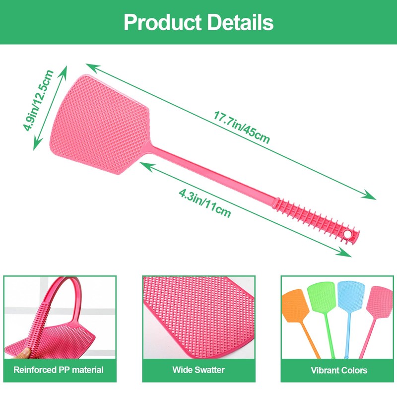 4 Pack Heavy Duty Fly Swatters, Extra Long 17.7in Plastic