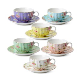 BTaT- Floral Tea Cups and Saucers Set of 6 (7 oz), Porcelain Tea Cups Set of 6, Pastel Bloom Design with Gold Trim, Dishwasher & Freezer Safe