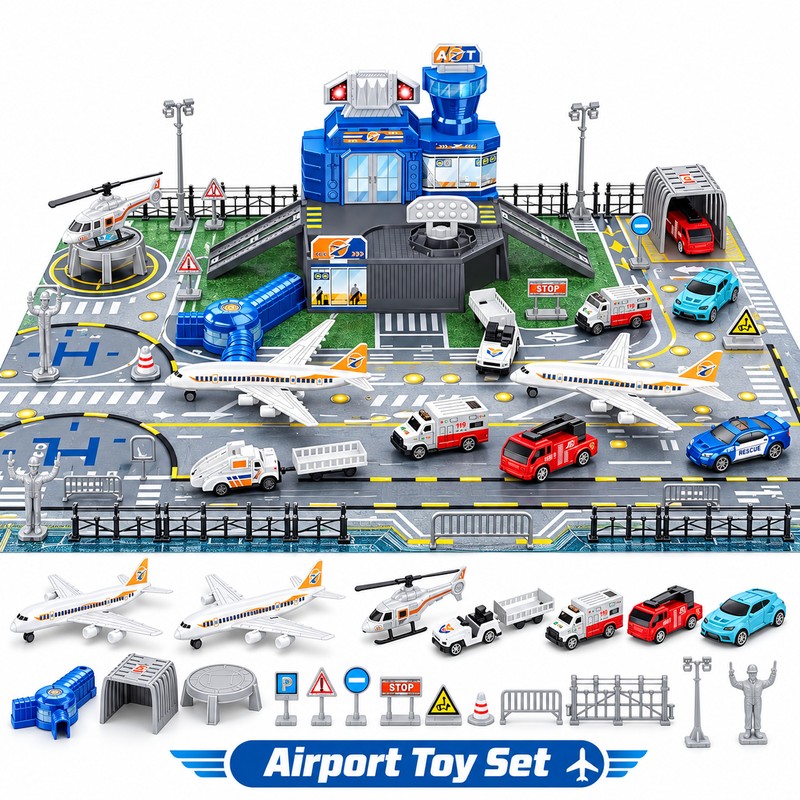 Airplane Toy Set with Helicopter, Trucks & Airport Playmat –