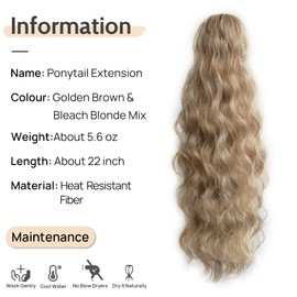 StrRid Hair Extensions Ponytail Extension Claw Clip Wavy 22" Long Synthetic Pony Tail for Adults Women Curly Ponytails Clips in Hairpieces for Wedding Party Daily Use 6 Oz Brown Mix Blonde