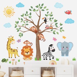 DECOWALL SG2-2323 Animals Tree Wall Stickers Decals Jungle Elephant Lion Giraffe Safari Baby Classroom Nursery Kids Bedroom Living Room Wall Decor Peel and Stick Art