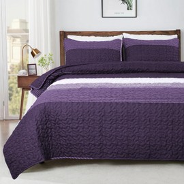 Siyaluens Quilt King Size Bedding Set, Soft Microfiber Quilts Set, Patchwork Striped Lightweight Bedspread with 1 Quilt and 2 Pillow Shams for All Season (Purple, 106"x96")