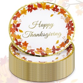 Sliner 100 Count Thanksgiving Oval Plates with Fall Leaves Disposable Dinner Give Thanks Platters with Gold Foil Serving Thanksgiving Large Paper Plates Wedding Platter Holiday Dinnerware Decoration