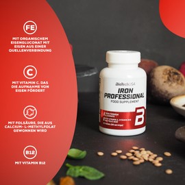 BioTechUSA Iron Professional | Organisches Eisenglukonat mit Vitamin C | B12 &Folsäure | Vegan-freundliches Ergänzungsmittel | Für Männer, Frauen, Sportler, 50+ | Verbesserte Absorption | 60 Tabletten