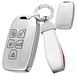 SANRILY Diamond Pattern Smart Key Fob Cover Compatible with Land Rover Fit for Range Rover Evoque Sport Velar Fit for Jaguar F-Pace F-Type XE XF XJ Keyless Key Shell with Leather Keychain Silver